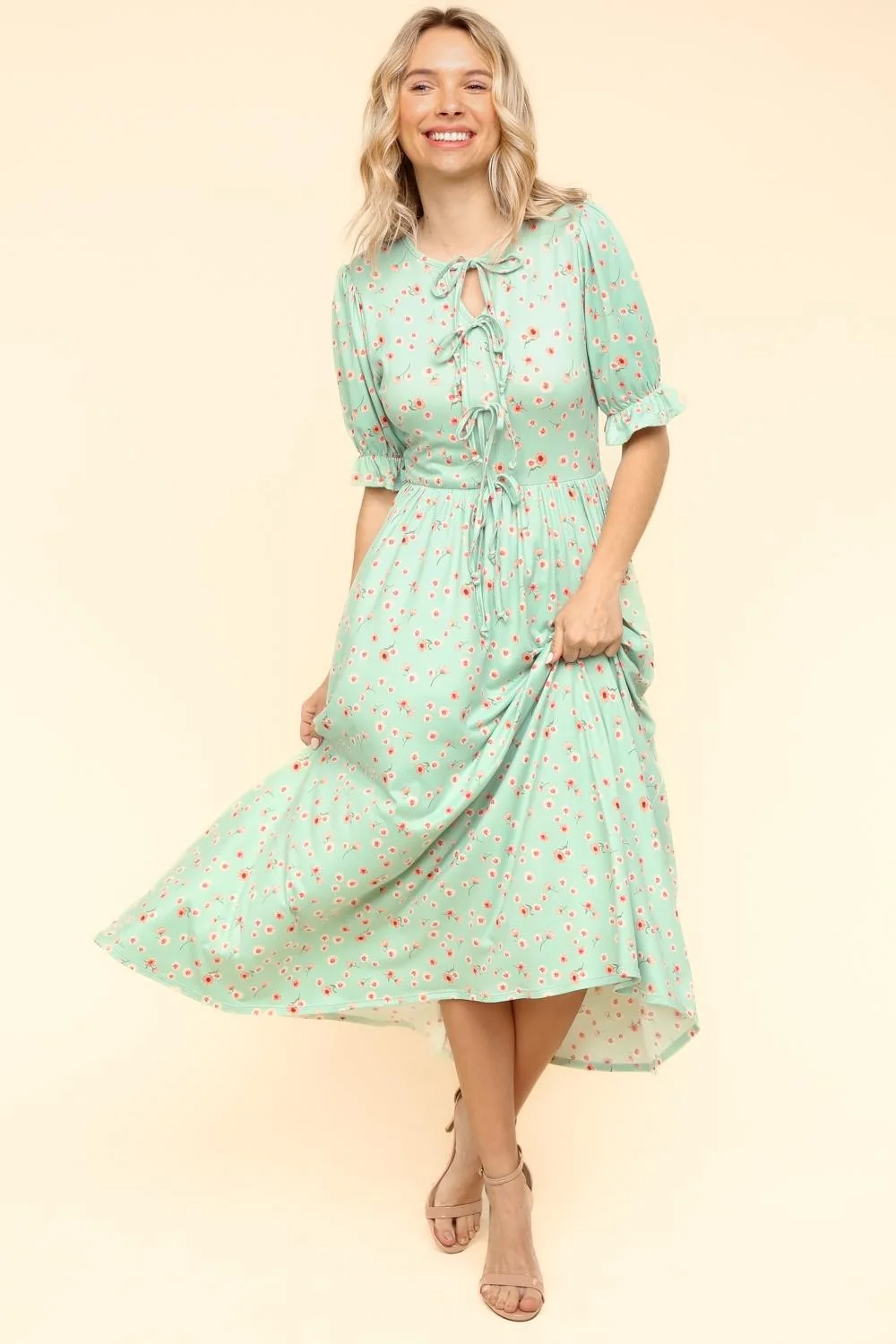 BOW TIE STRING SHORT SLEEVE FLORAL PRINT DRESS - Image 5