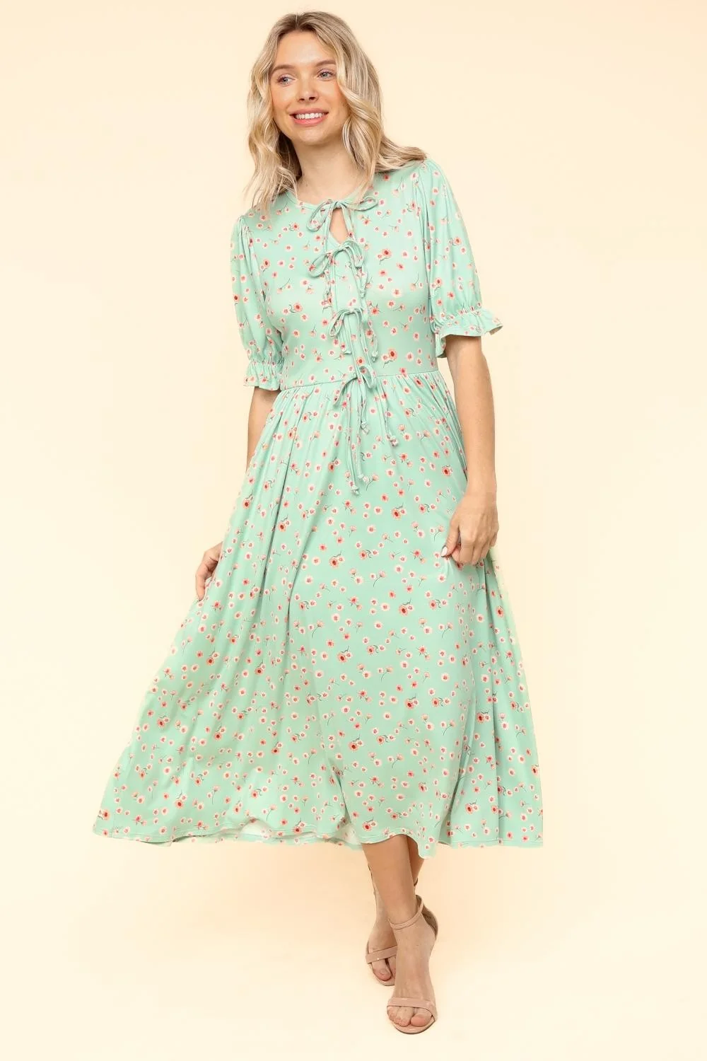 BOW TIE STRING SHORT SLEEVE FLORAL PRINT DRESS - Image 7