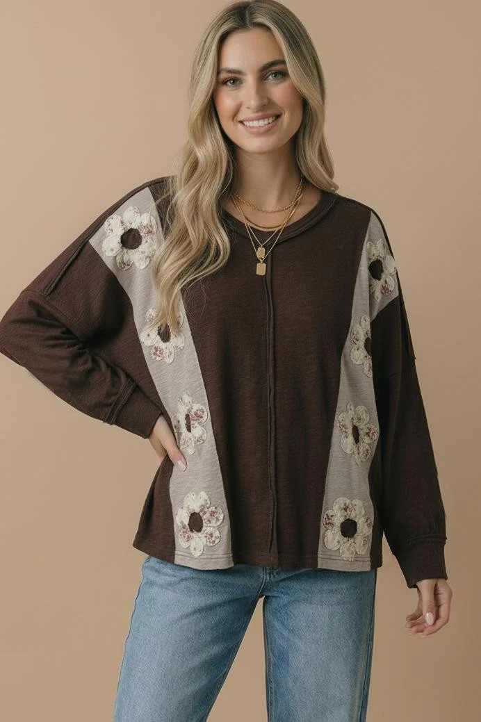 Plus Brown Floral Applique Colorblock Long Sleeve Top - Image 8