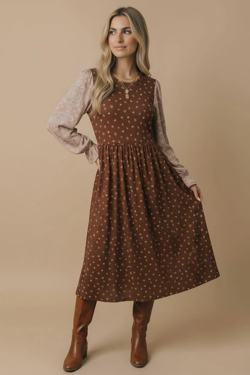 Plus Brown Floral Mixed Media Midi Dress - Image 2