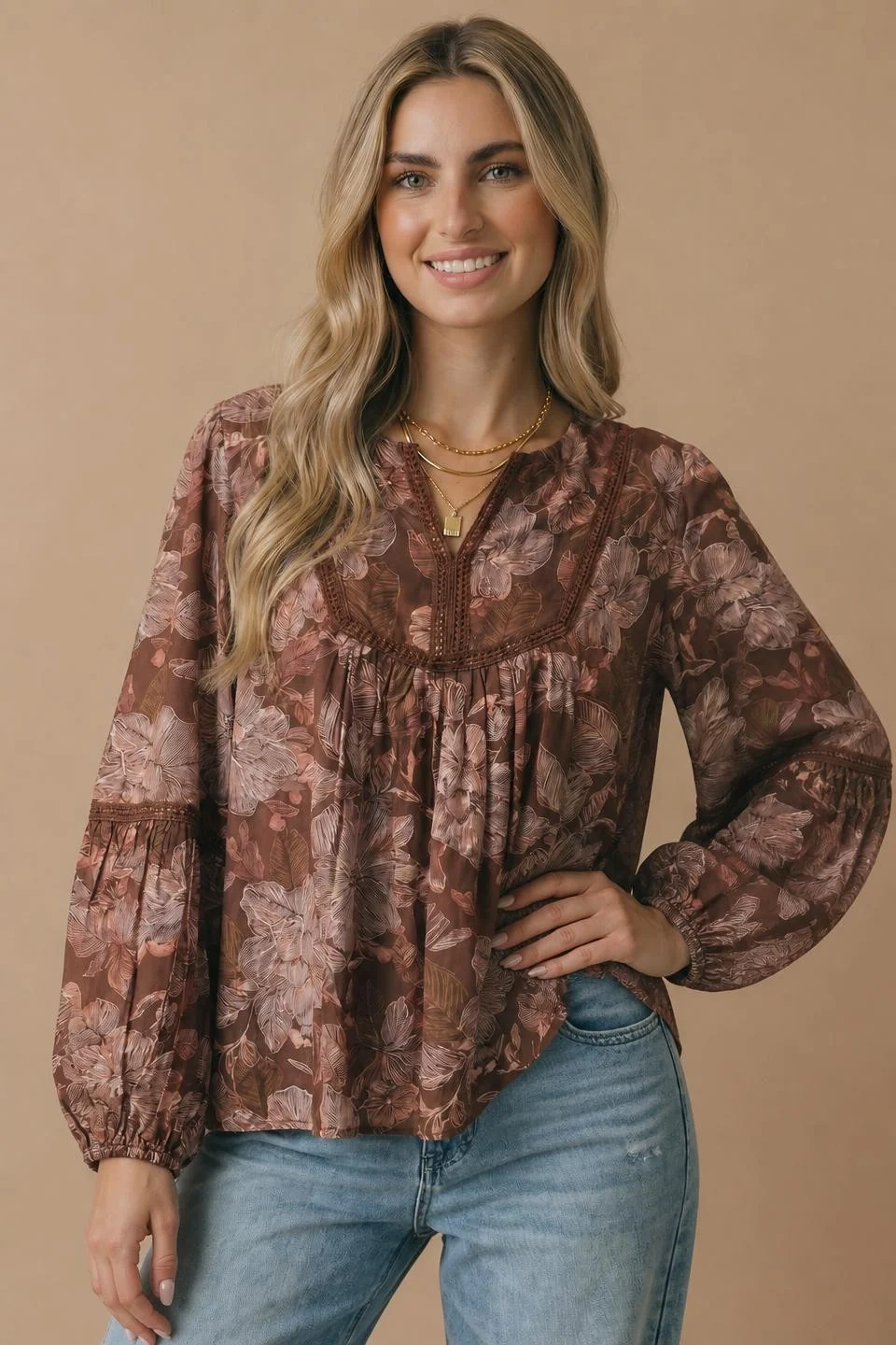 Plus Brown Floral Print Crochet Trim Babydoll Blouse - Image 7
