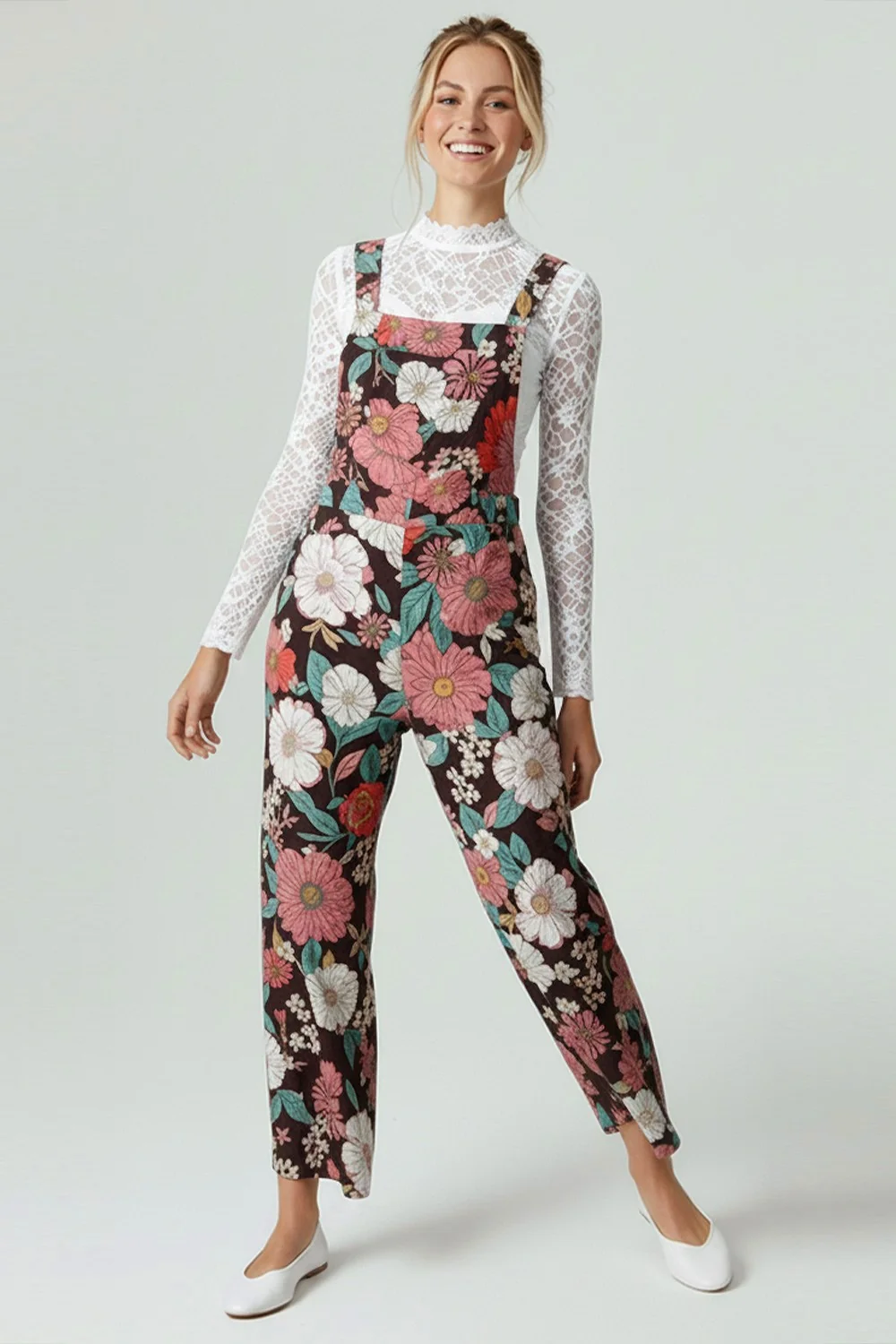 BROWN FLORAL PRINT LINEN OVERALL WITH SHOULDER STRAPS - Image 3