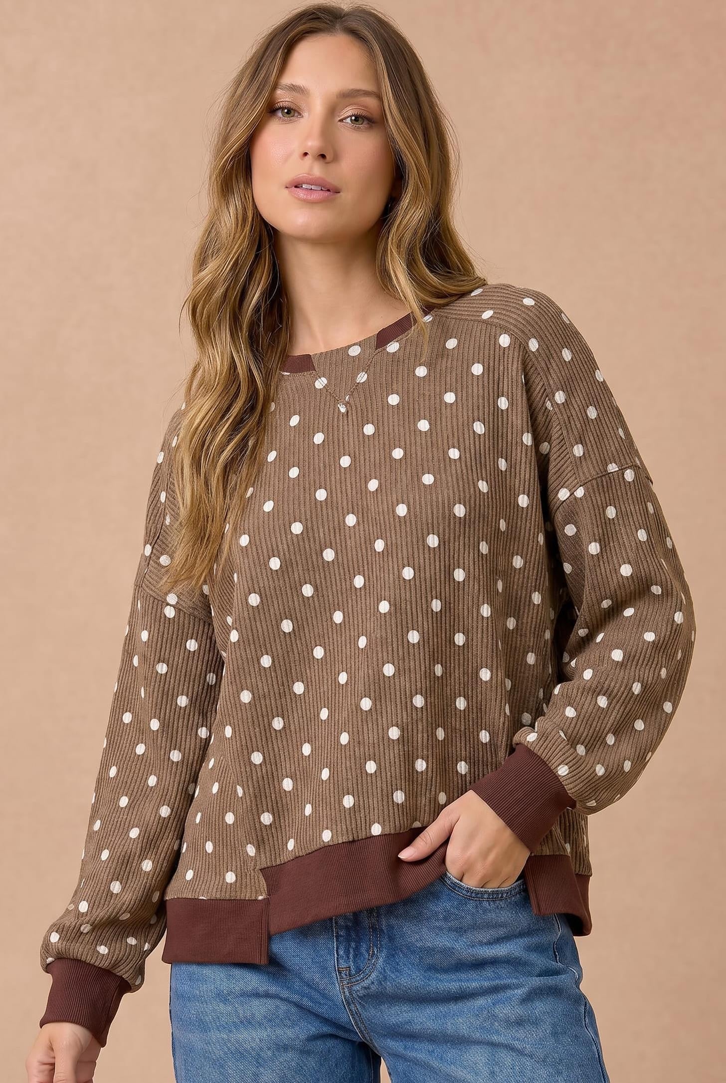 Plus Brown Polka Dot Ribbed Long Sleeve Sweatshirt