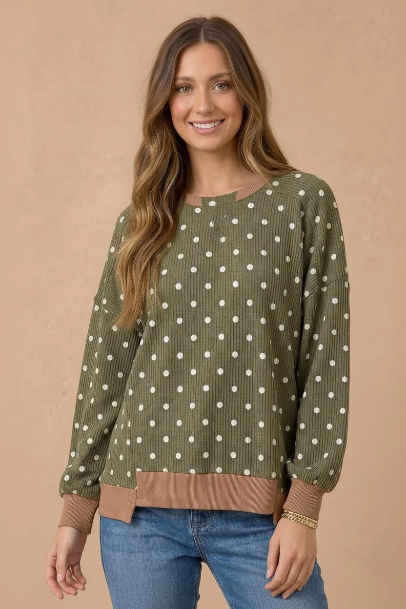 Plus Brown Polka Dot Ribbed Long Sleeve Sweatshirt - Image 5