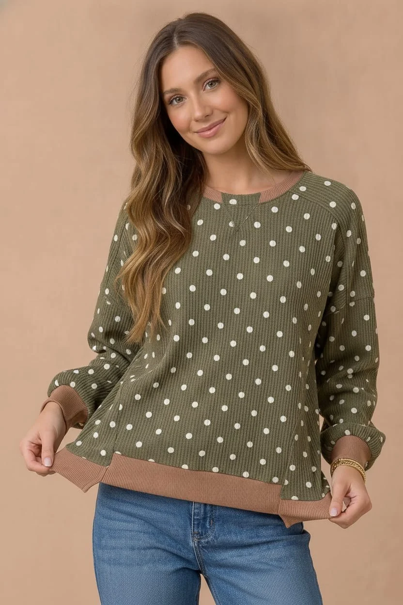 Plus Brown Polka Dot Ribbed Long Sleeve Sweatshirt - Image 7