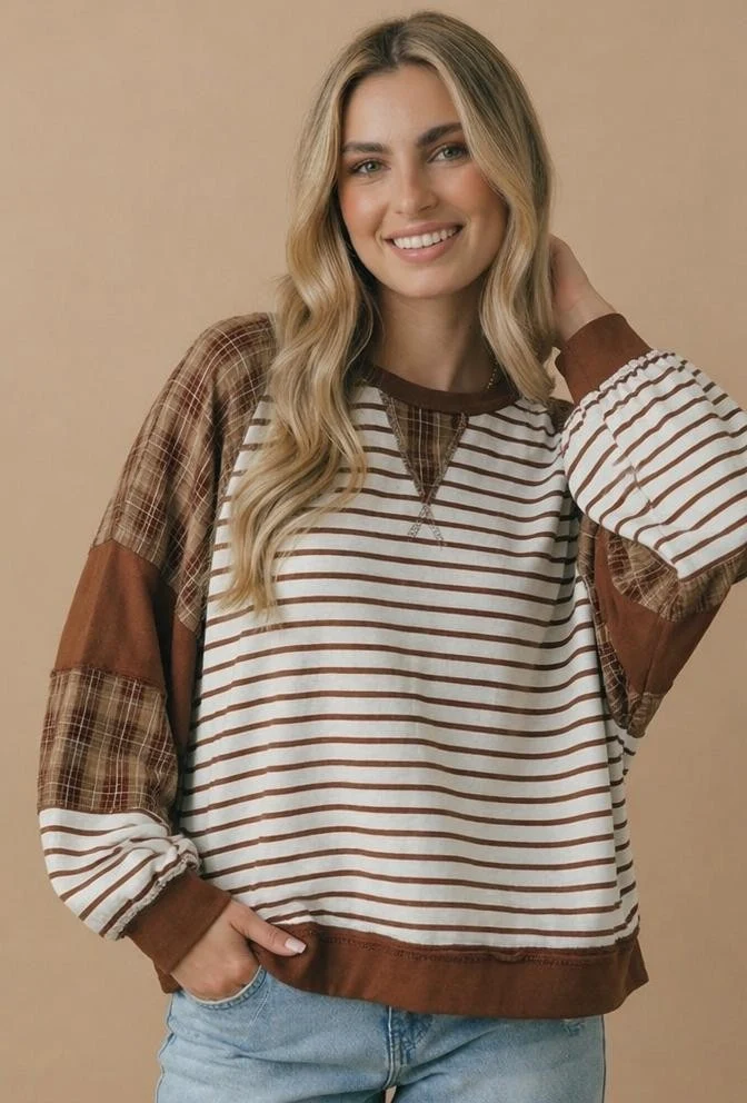 Plus Brown Stripe Mixed Pattern Pullover Top - Image 6