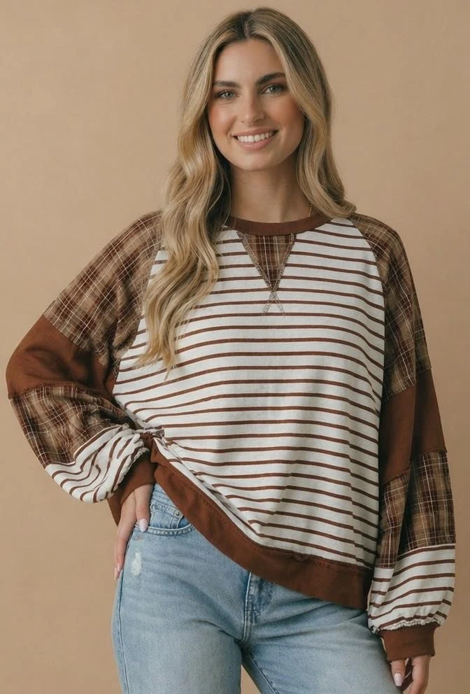 Plus Brown Stripe Mixed Pattern Pullover Top - Image 7