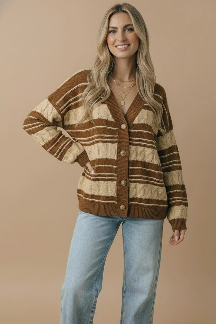 Plus Brown Striped Cable Knit Button Down Cardigan - Image 8