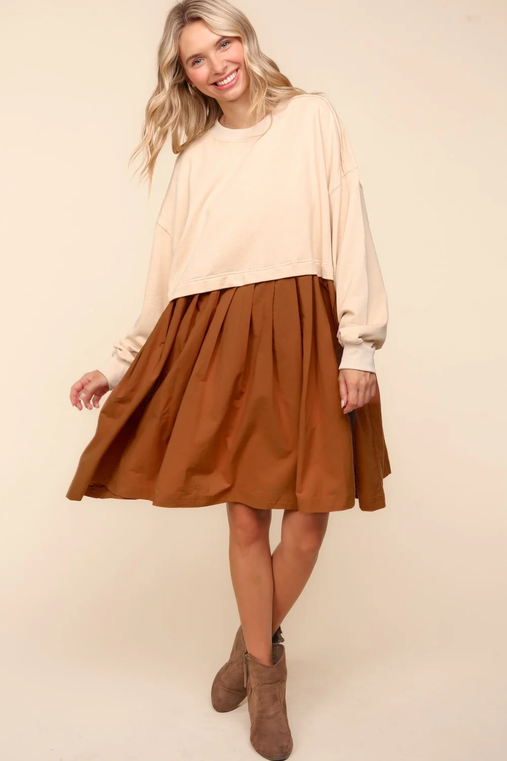 PLUS BUBBLE LONG SLEEVE COTTON PLEATED SKIRT DRESS - Image 3