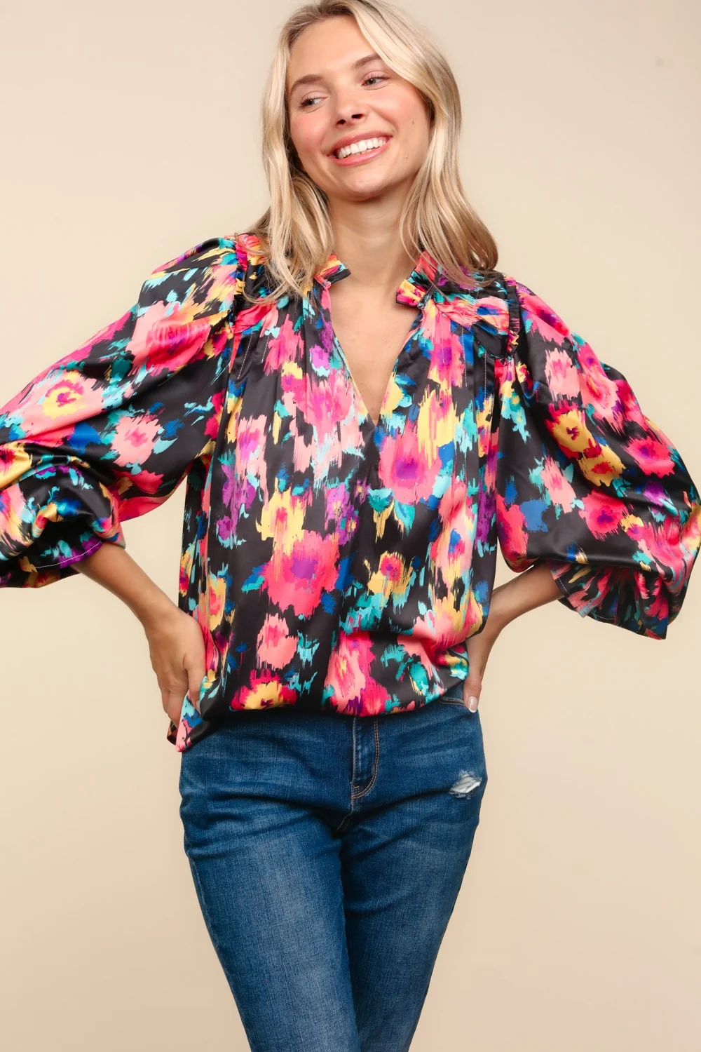 PLUS BUBBLE LONG SLEEVE FLORAL WOVEN BLOUSE TOP - Image 8