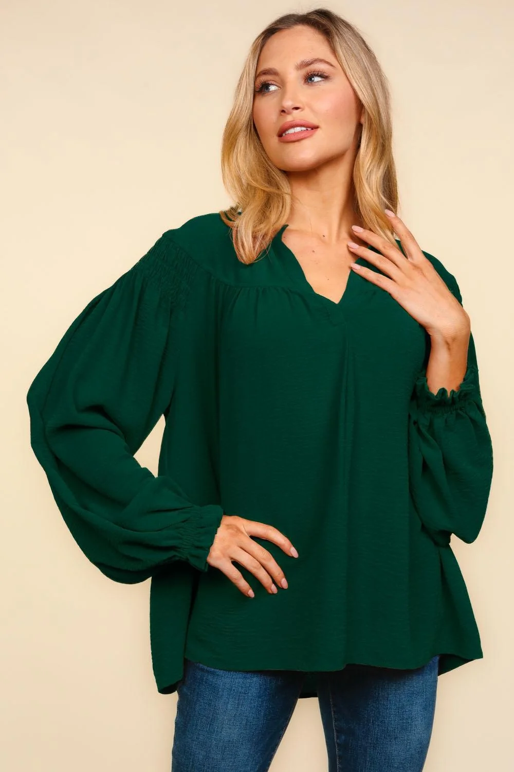 PLUS BUBBLE SLEEVE BABYDOLL SOLID WOVEN BLOUSE TOP - Image 6
