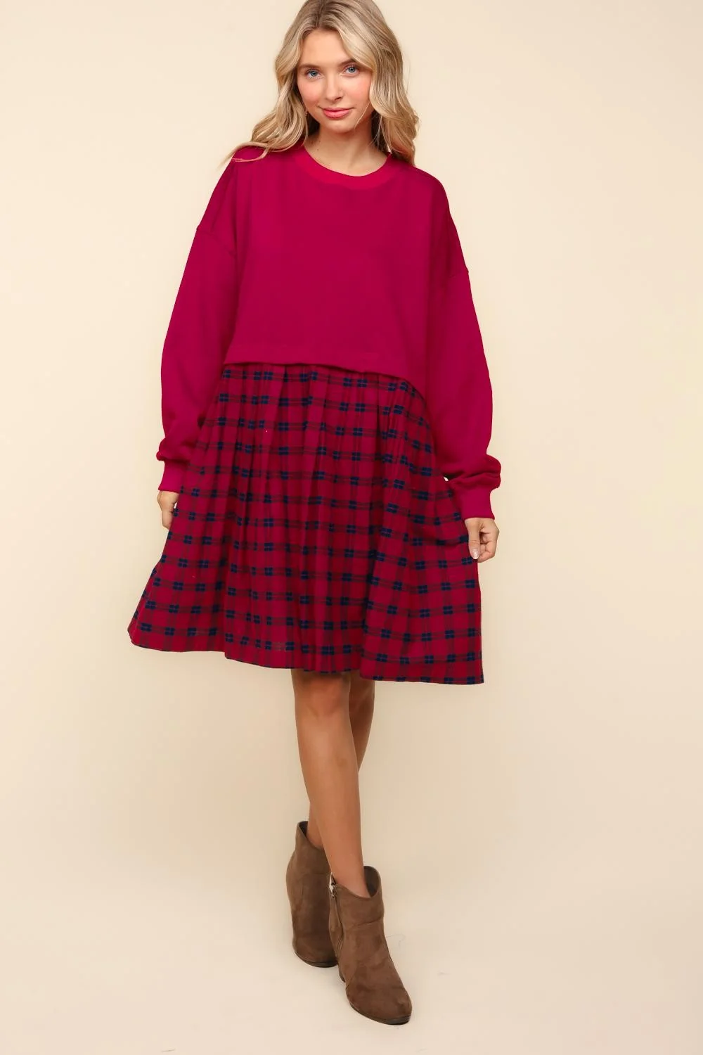 BURGUNDY BUBBLE LONG SLEEVE PLEATED SKIRT OVERSIZED - Image 6