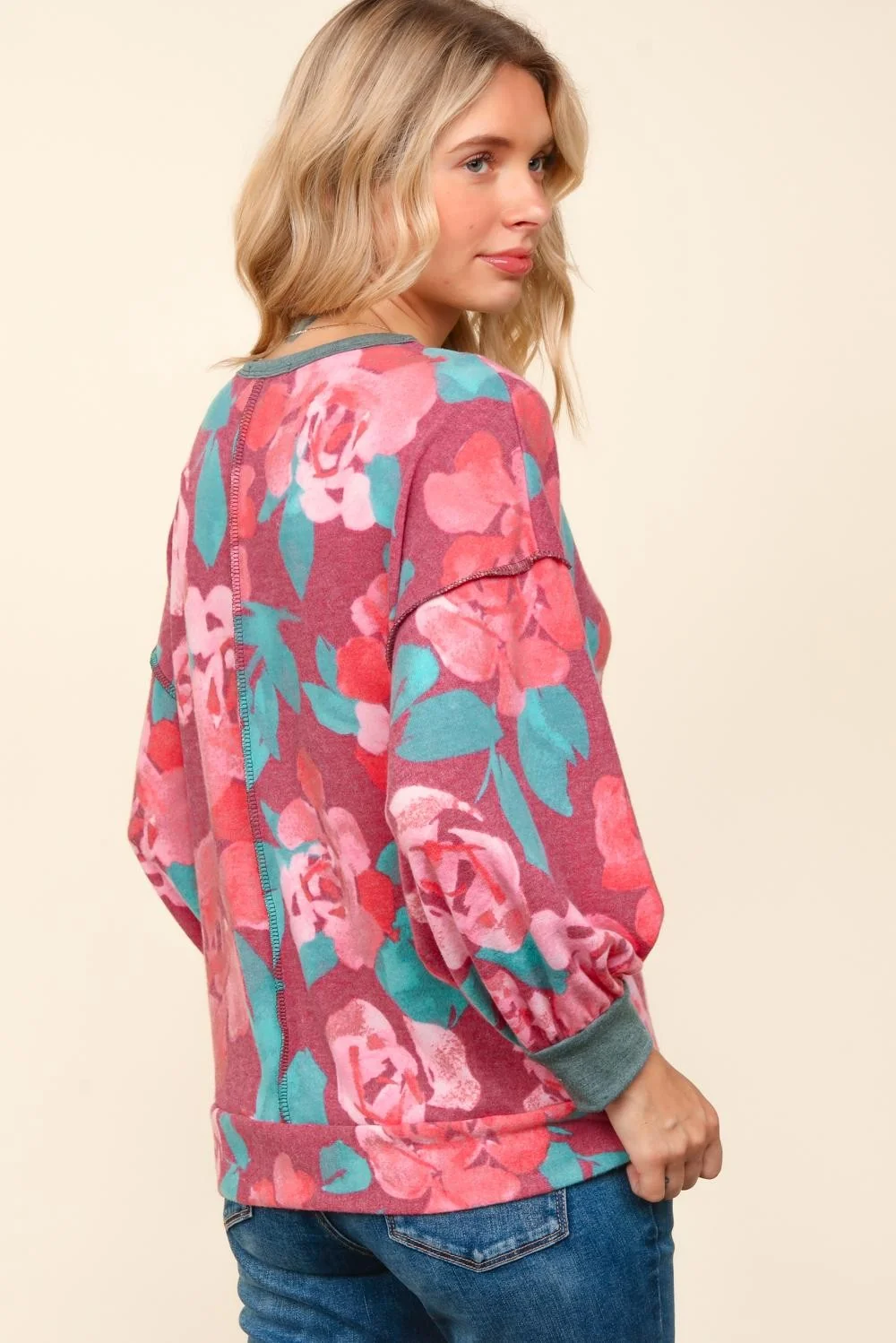BURGUNDY DROP SHOULDER OVERSIZED FLORAL HACCI KNIT TOP - Image 3