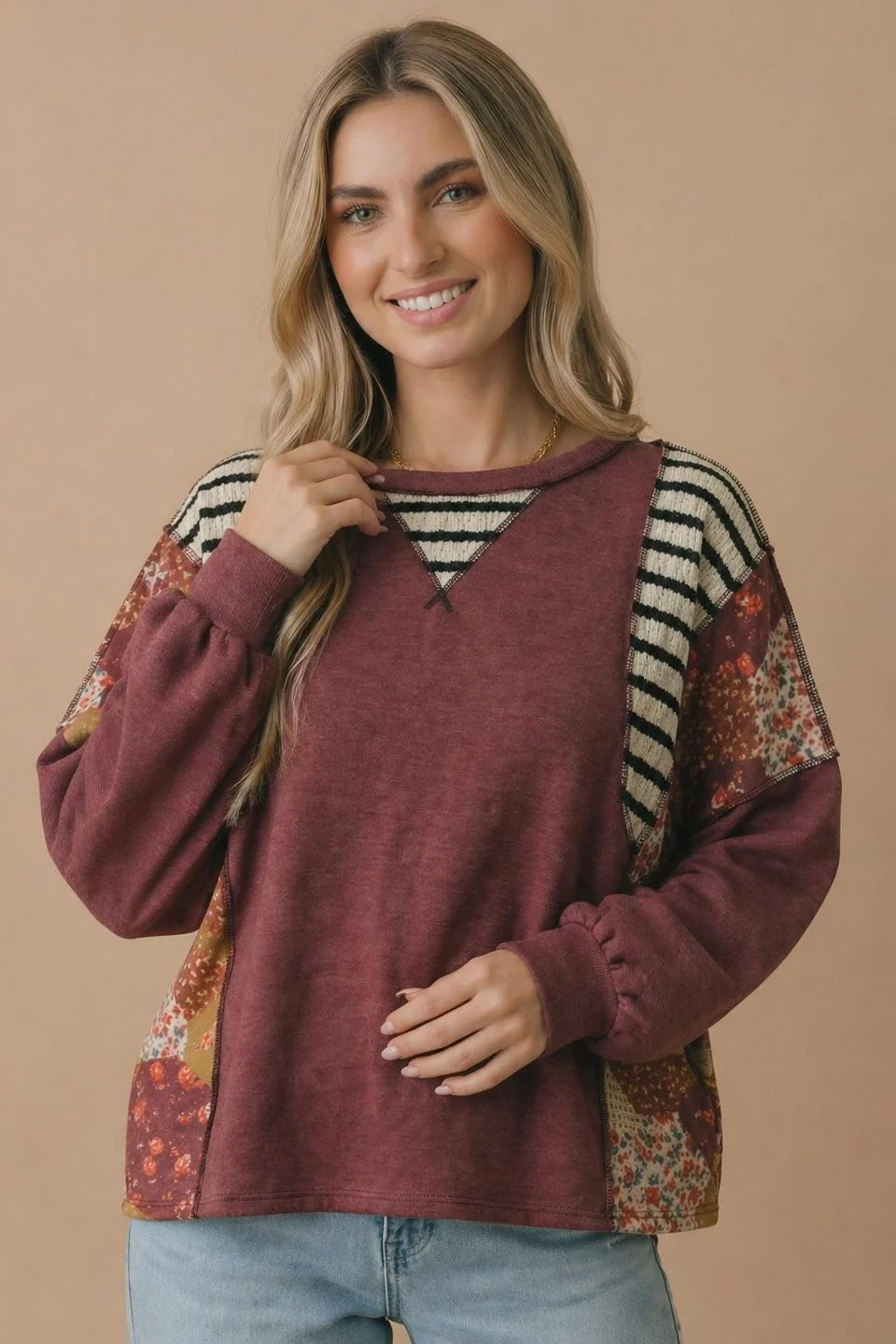 Plus Burgundy Patchwork Mixed Media Pullover Top