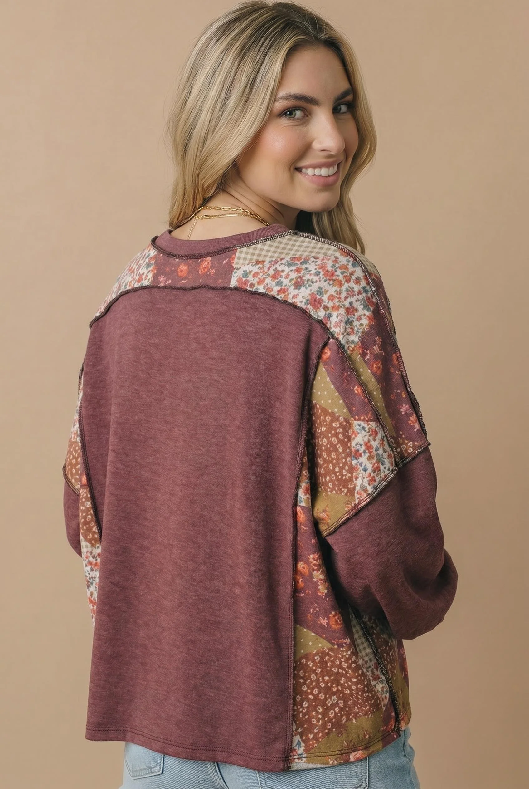 Plus Burgundy Patchwork Mixed Media Pullover Top - Image 5