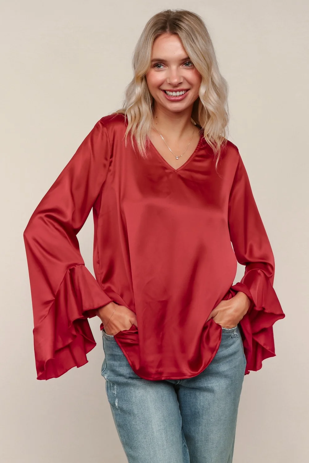 Burgundy Solid Satin Blouse W/Ruffle Hem Sleeve - Image 5