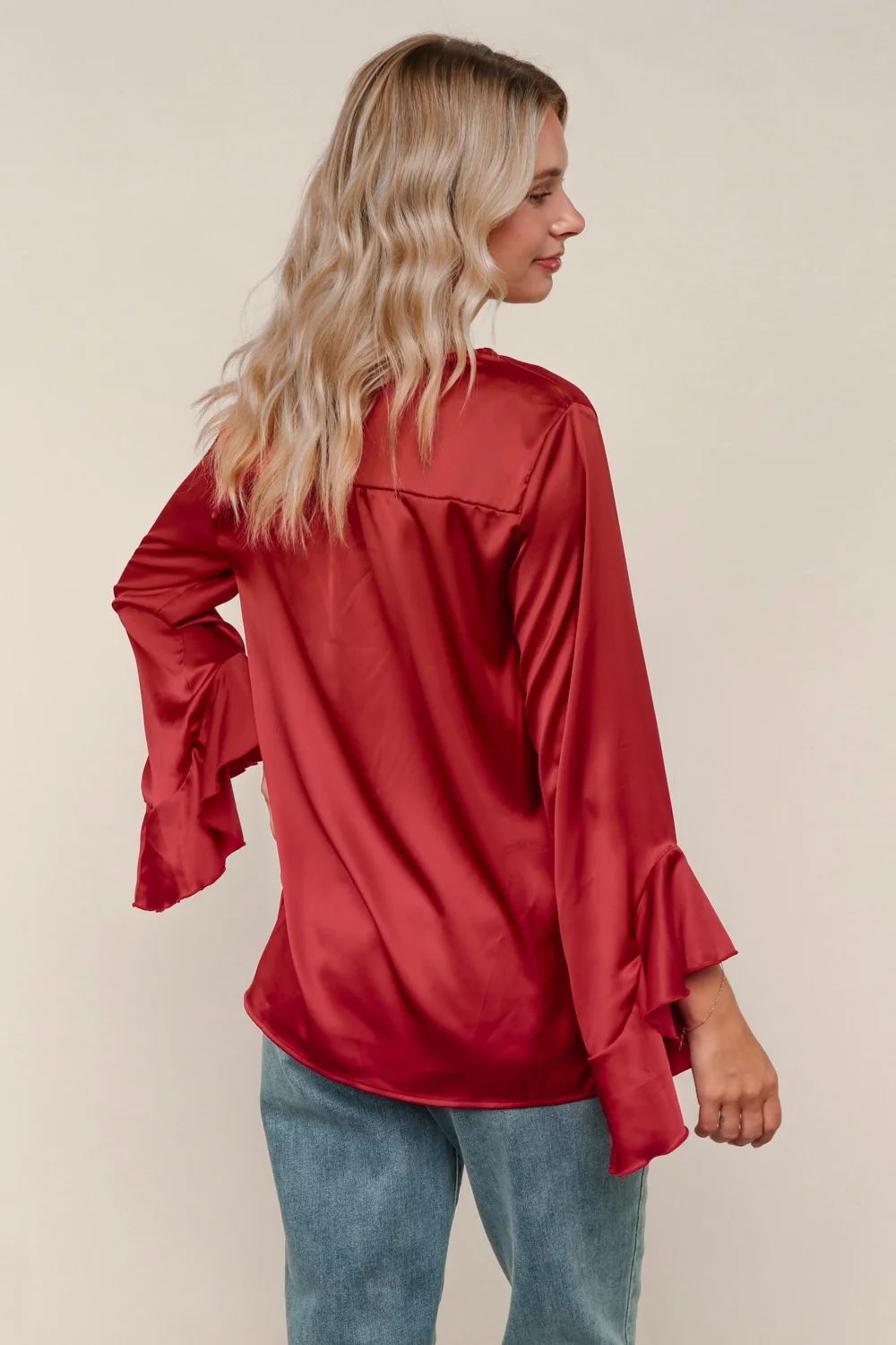 Burgundy Solid Satin Blouse W/Ruffle Hem Sleeve - Image 3