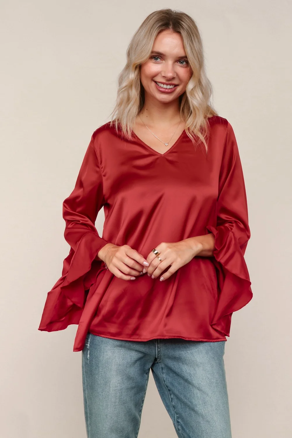 Burgundy Solid Satin Blouse W/Ruffle Hem Sleeve - Image 4