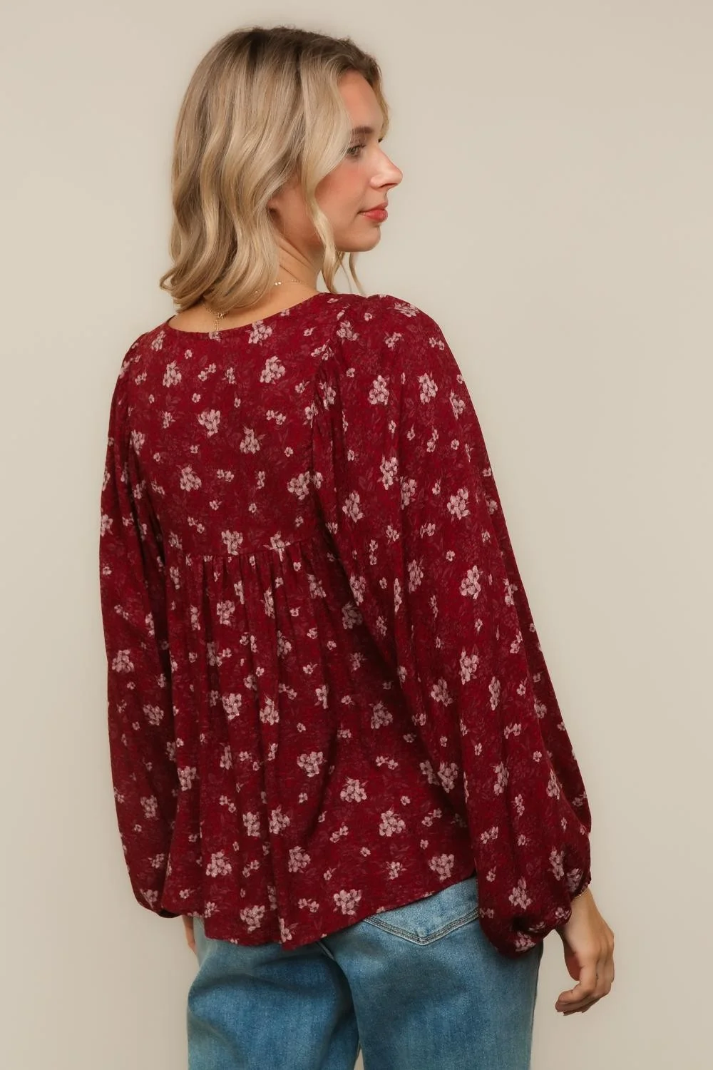 BURGUNDY V NECK WITH STRING RIBBON PEASANT BLOUSE TOP - Image 2