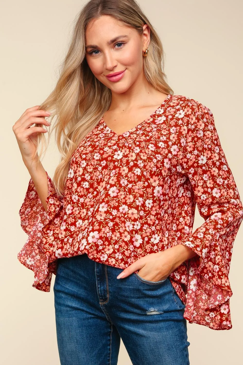 Burgundy Waterfall Hi Low Three Quarter Sleeve Woven - Image 3