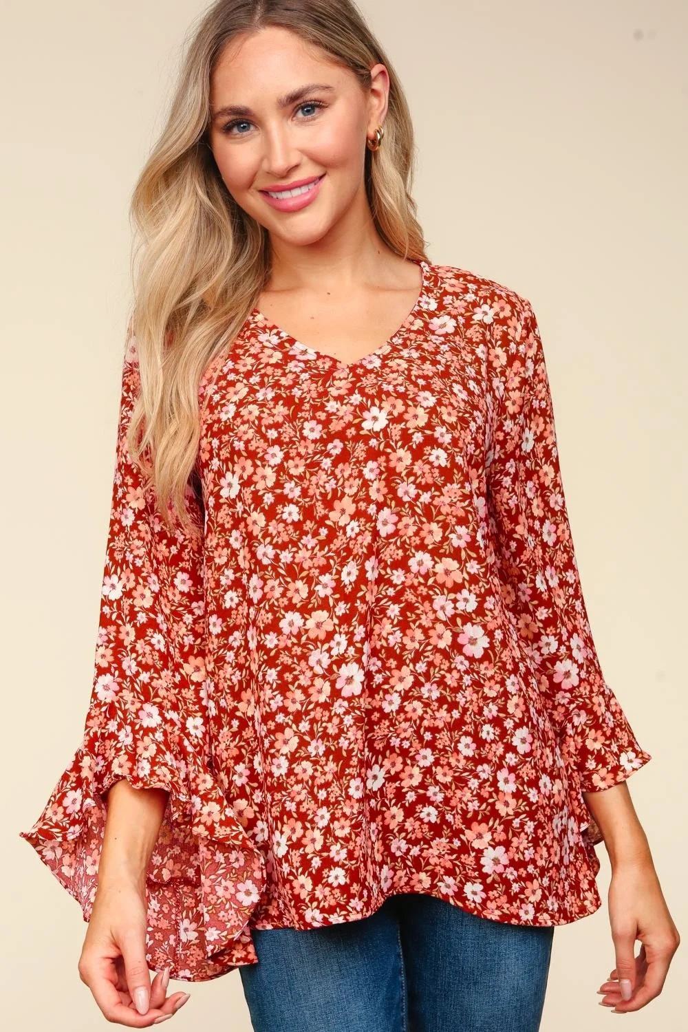 Burgundy Waterfall Hi Low Three Quarter Sleeve Woven - Image 2