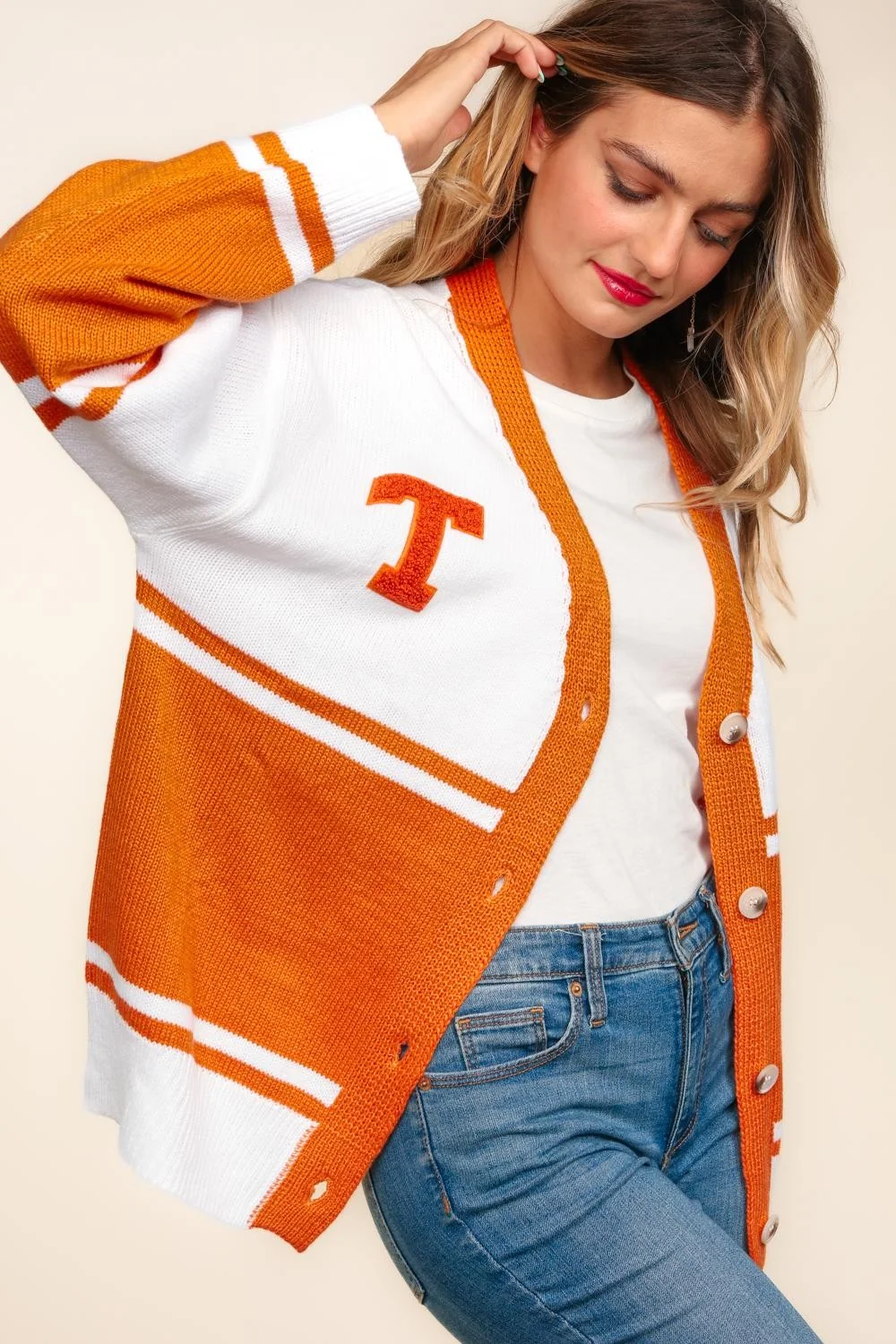 Burnt Orange V Neck Button Down Pop Up Letter Patch Sweater - Image 6