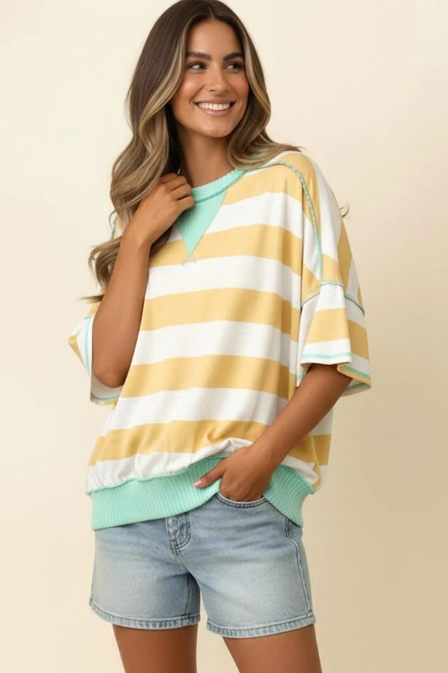 FLUTTER ELBOW SLEEVE STRIPE FRENCH TERRY TOP - Image 2