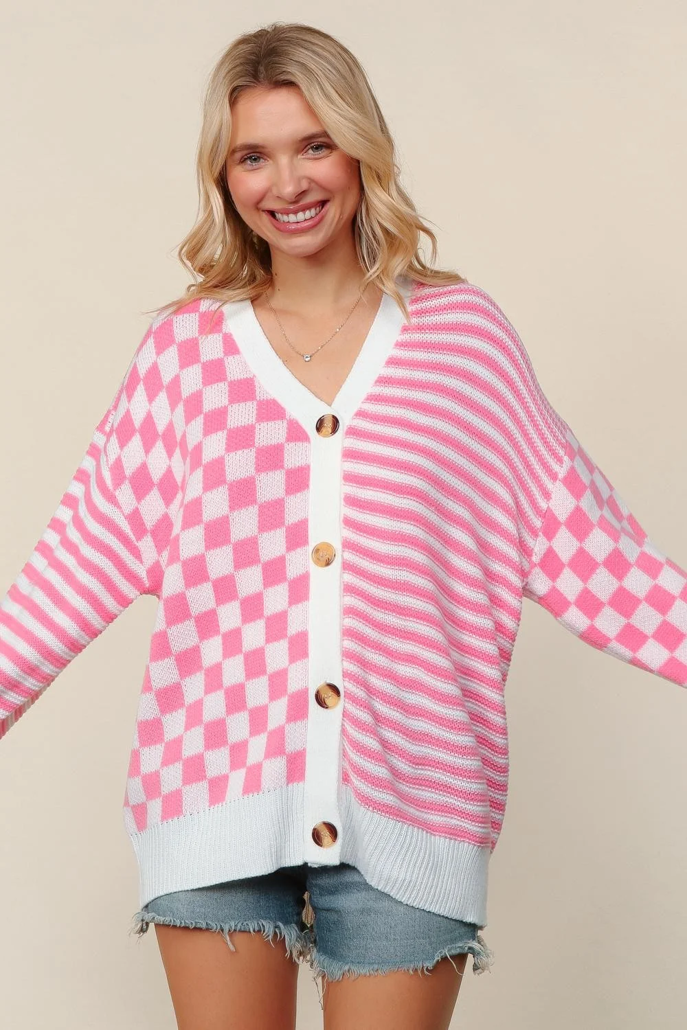 BUTTON DOWN CHECKER STRIPE SWEATER CARDIGAN - Image 2