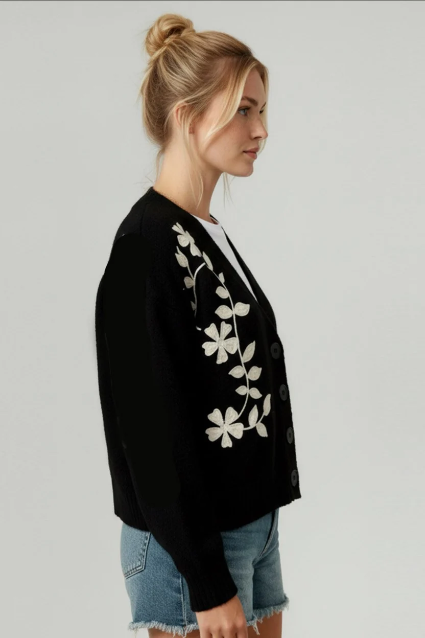 BUTTON DOWN EMBROIDERED FLORAL SWEATER CARDIGAN - Image 4