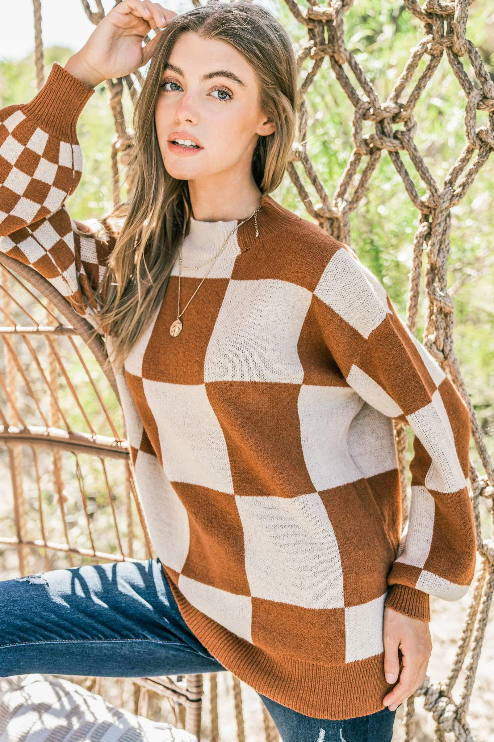 Plus Camel Checkered Sweater - Image 4