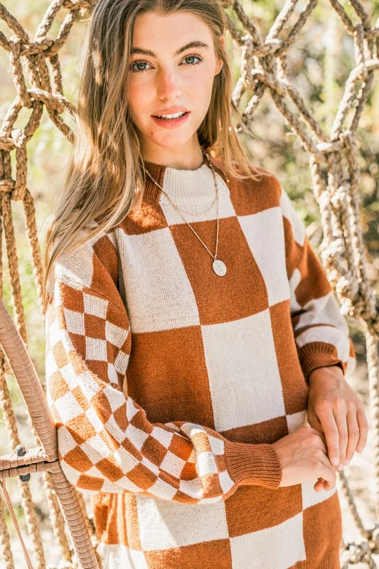 Plus Camel Checkered Sweater - Image 5