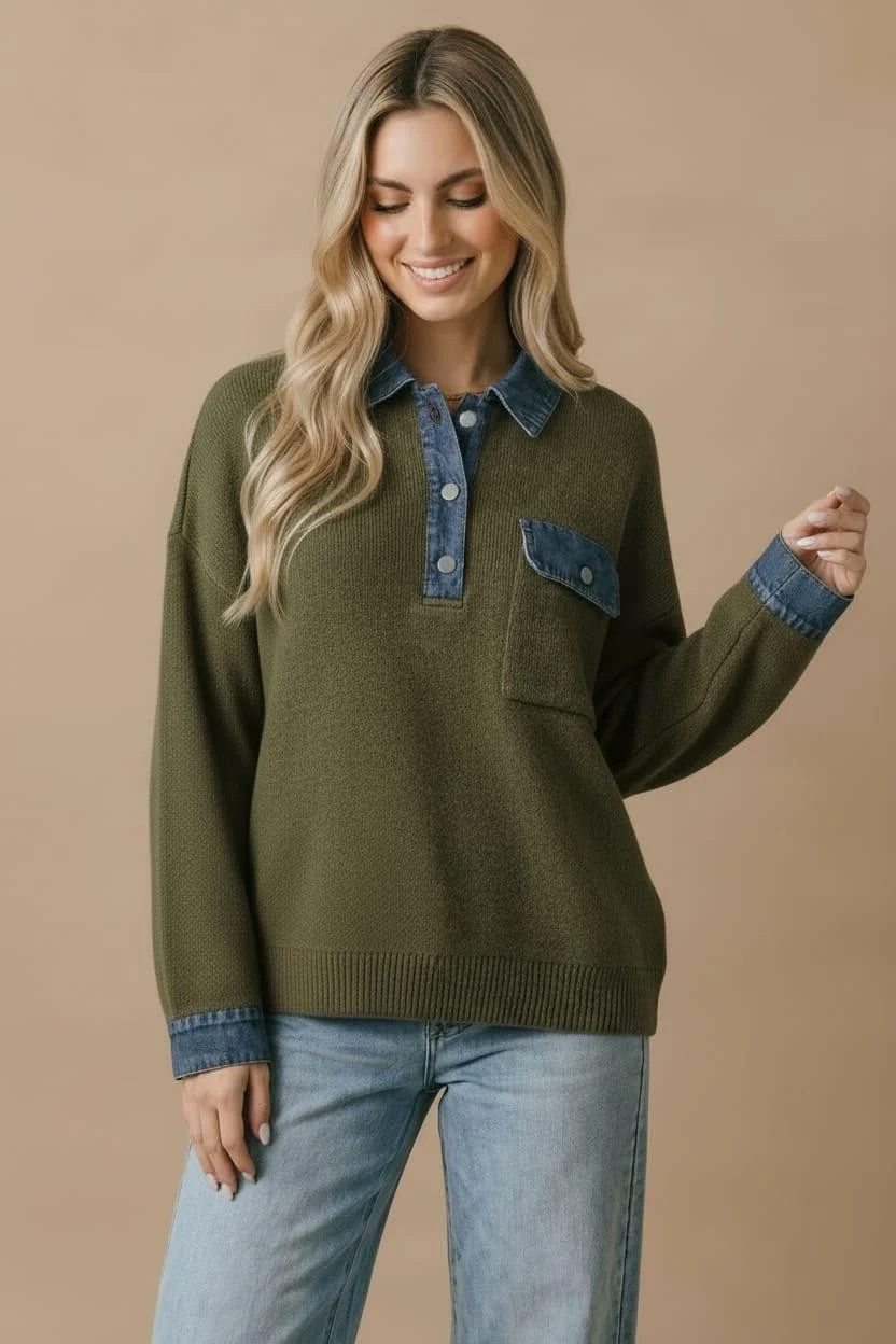 Plus Knit Sweater with Denim Collar and Cuffs - Image 10