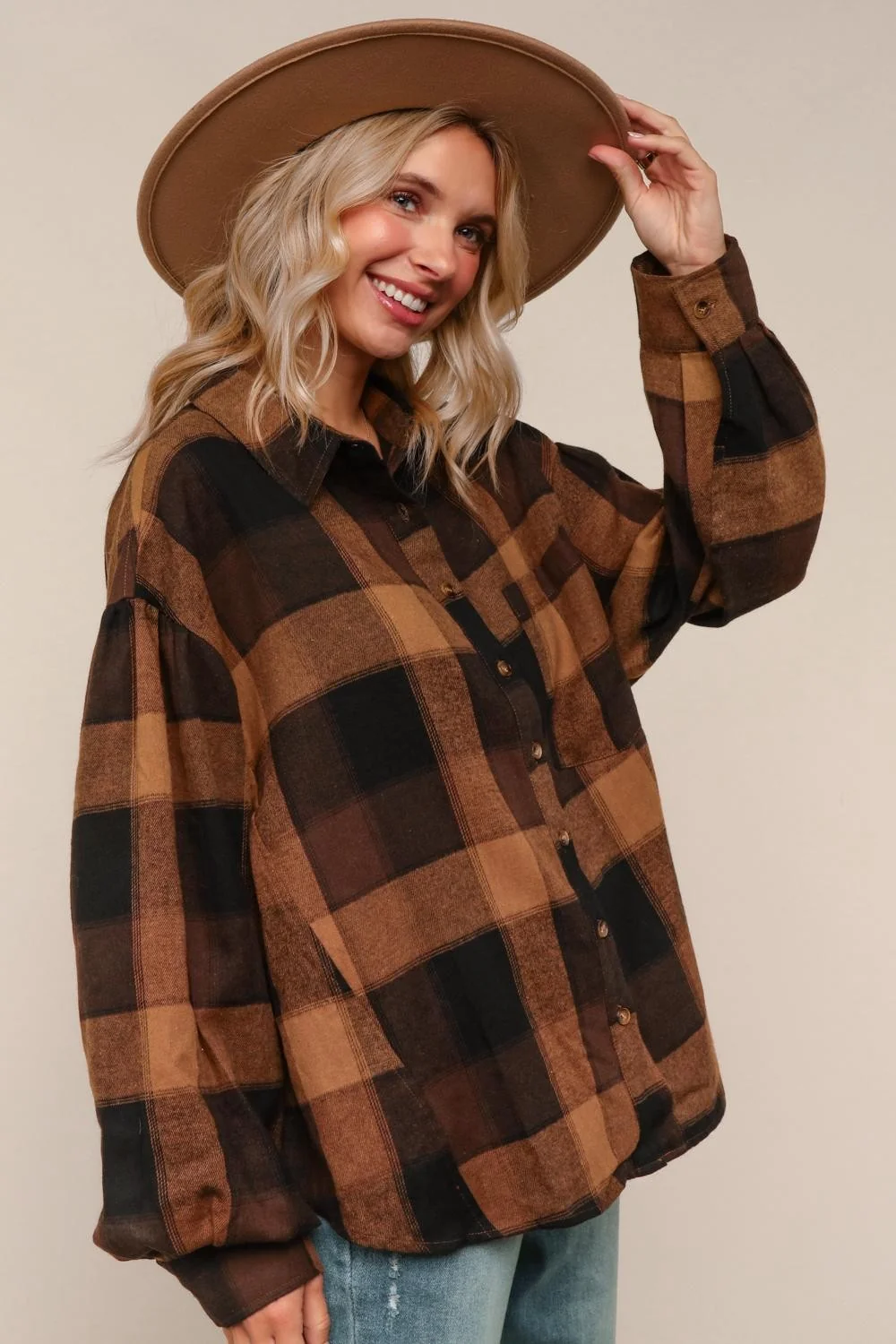 PLUS CAMEL PLAID LONG SLEEVE LOOSE FIT WOVEN SHIRTS - Image 10
