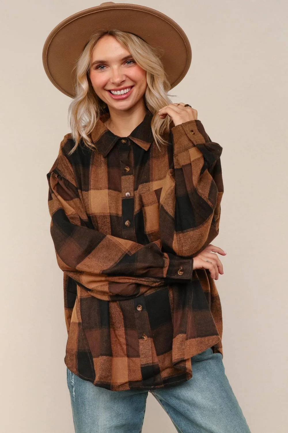 PLUS CAMEL PLAID LONG SLEEVE LOOSE FIT WOVEN SHIRTS - Image 11