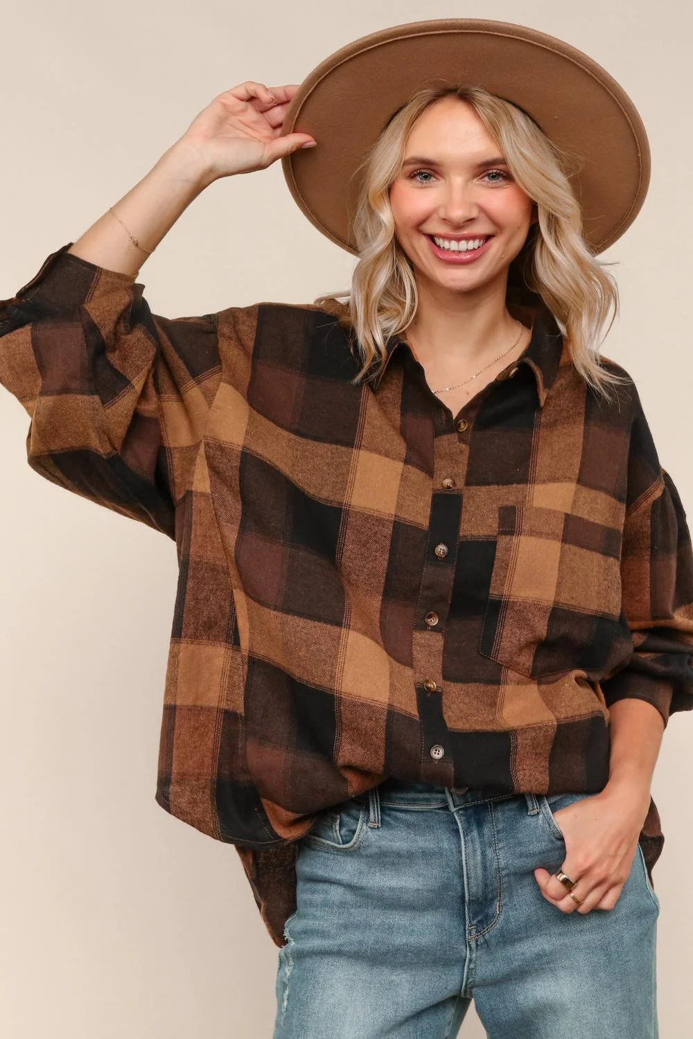 PLUS CAMEL PLAID LONG SLEEVE LOOSE FIT WOVEN SHIRTS - Image 3