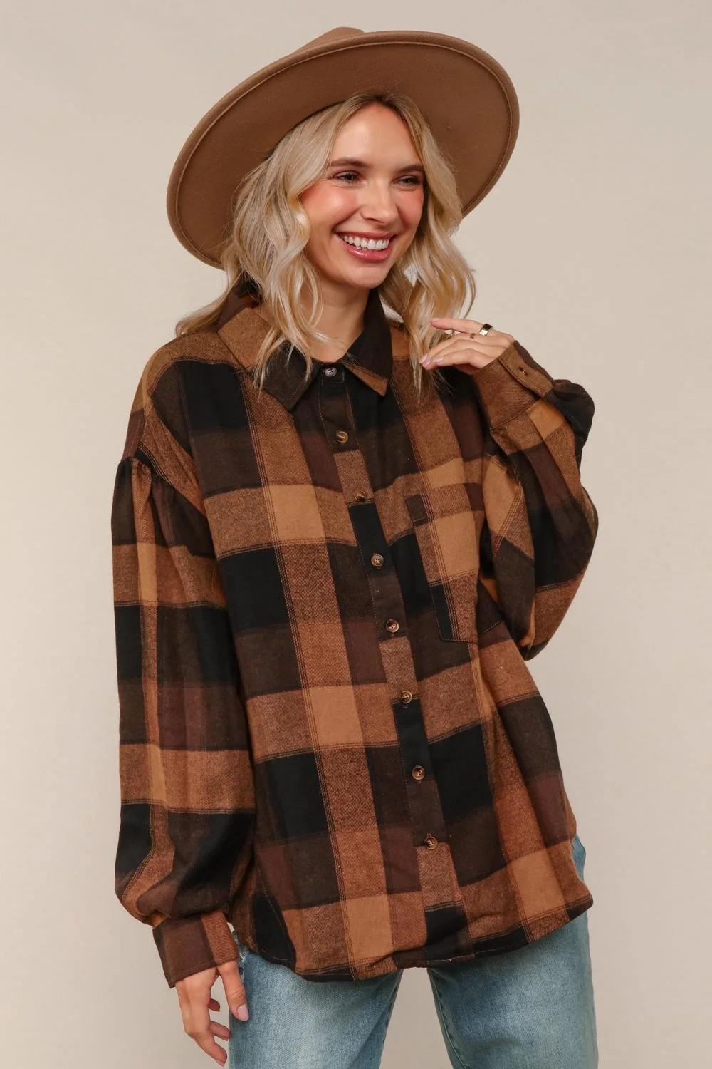 PLUS CAMEL PLAID LONG SLEEVE LOOSE FIT WOVEN SHIRTS - Image 7