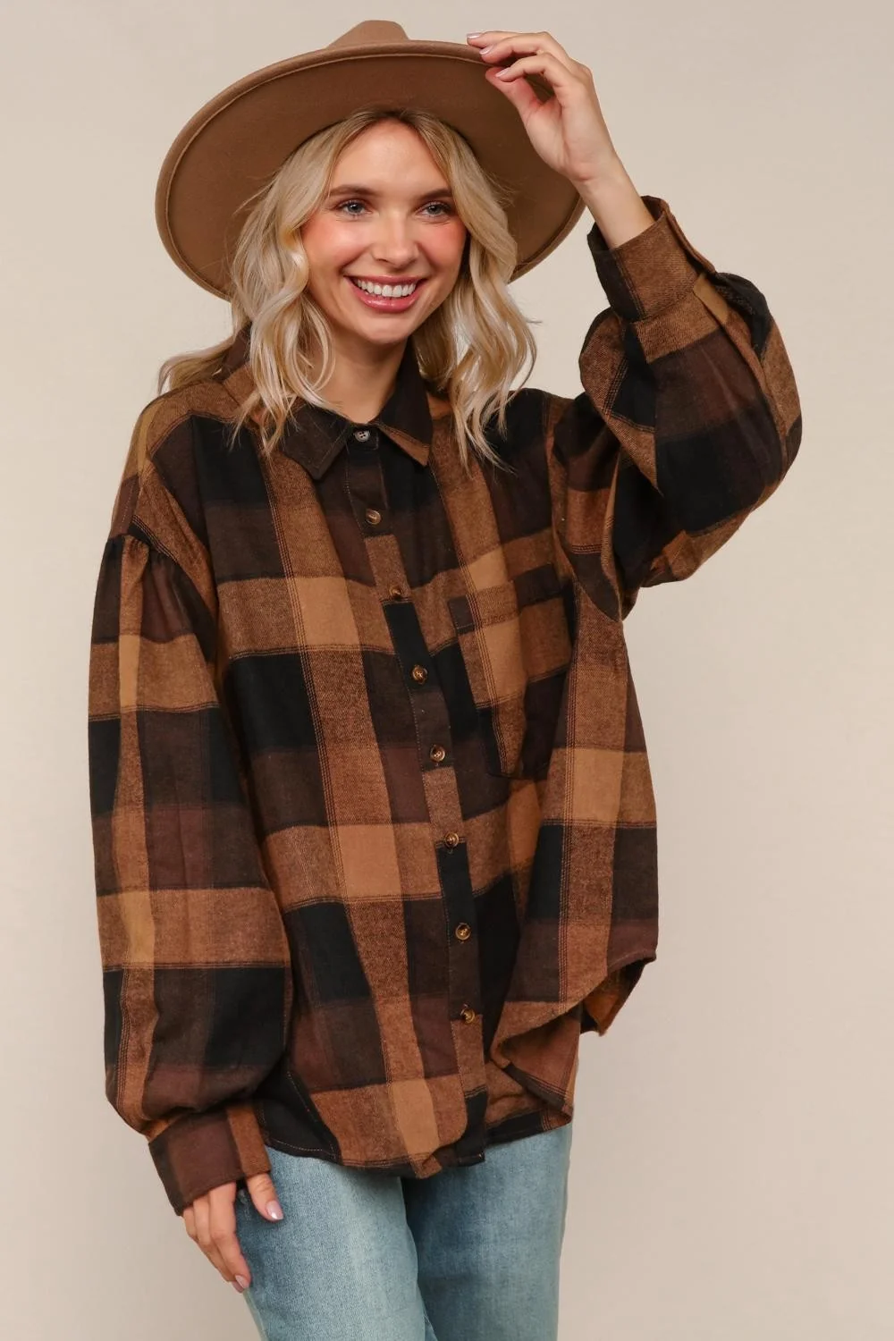 PLUS CAMEL PLAID LONG SLEEVE LOOSE FIT WOVEN SHIRTS - Image 8