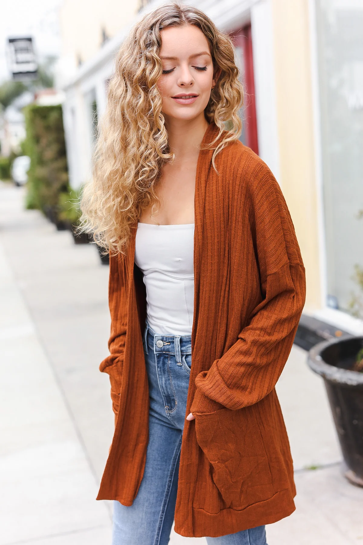 Plus Camel Textured Pocketed Cardigan - Image 4