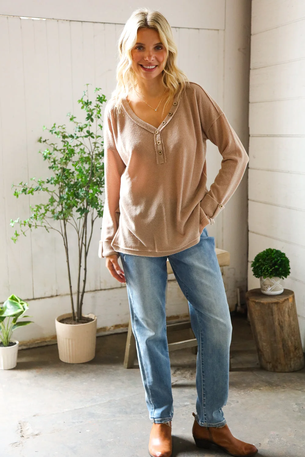 Casual Living Brown Henley Cuff Sleeve Side Slit Pullover (Open Pack) - Image 2