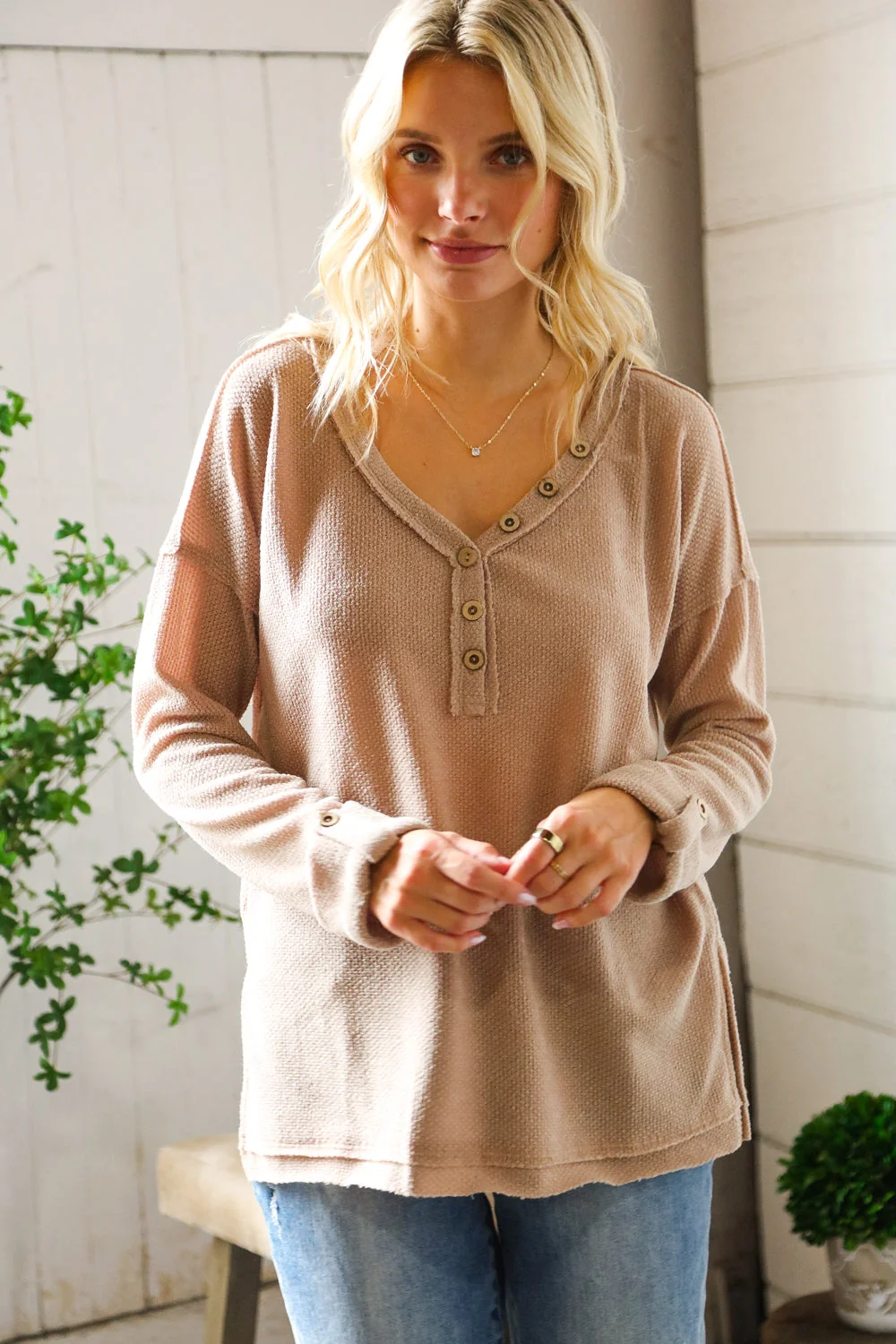 Casual Living Brown Henley Cuff Sleeve Side Slit Pullover (Open Pack) - Image 3