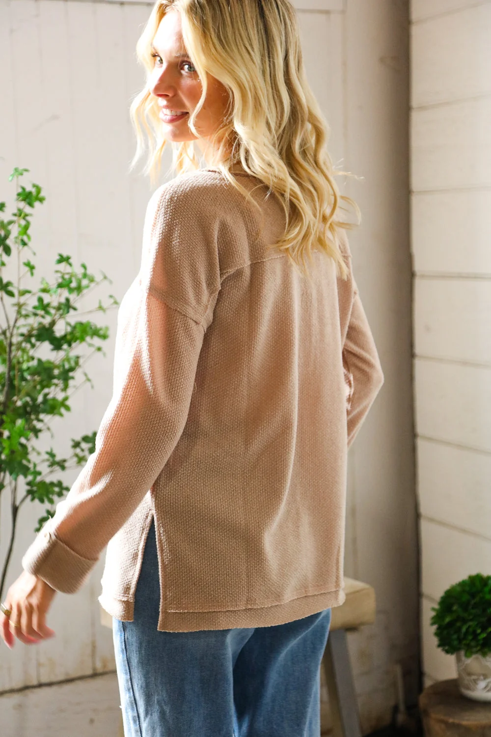 Casual Living Brown Henley Cuff Sleeve Side Slit Pullover (Open Pack) - Image 7
