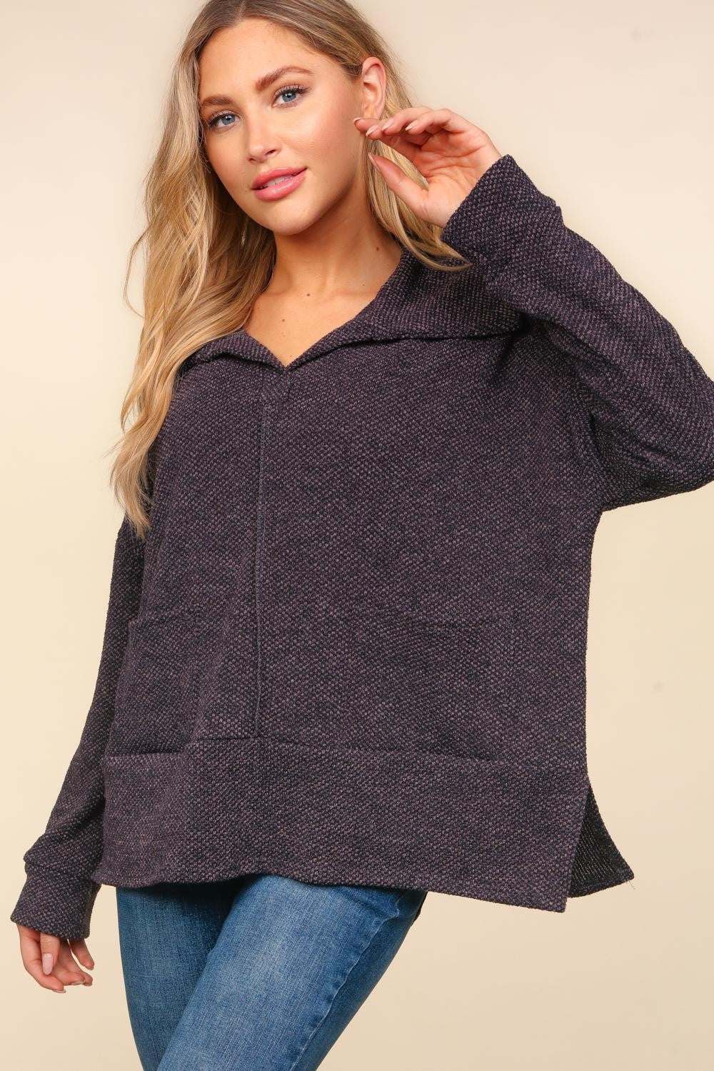 PLUS CHARCOAL COLLARED NOTCH NECK OVERSIZED SWEATER KNIT TOP - Image 2