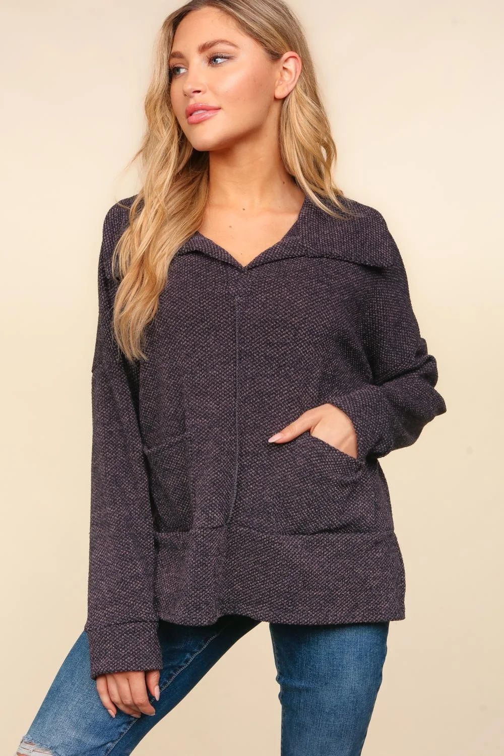 PLUS CHARCOAL COLLARED NOTCH NECK OVERSIZED SWEATER KNIT TOP - Image 5