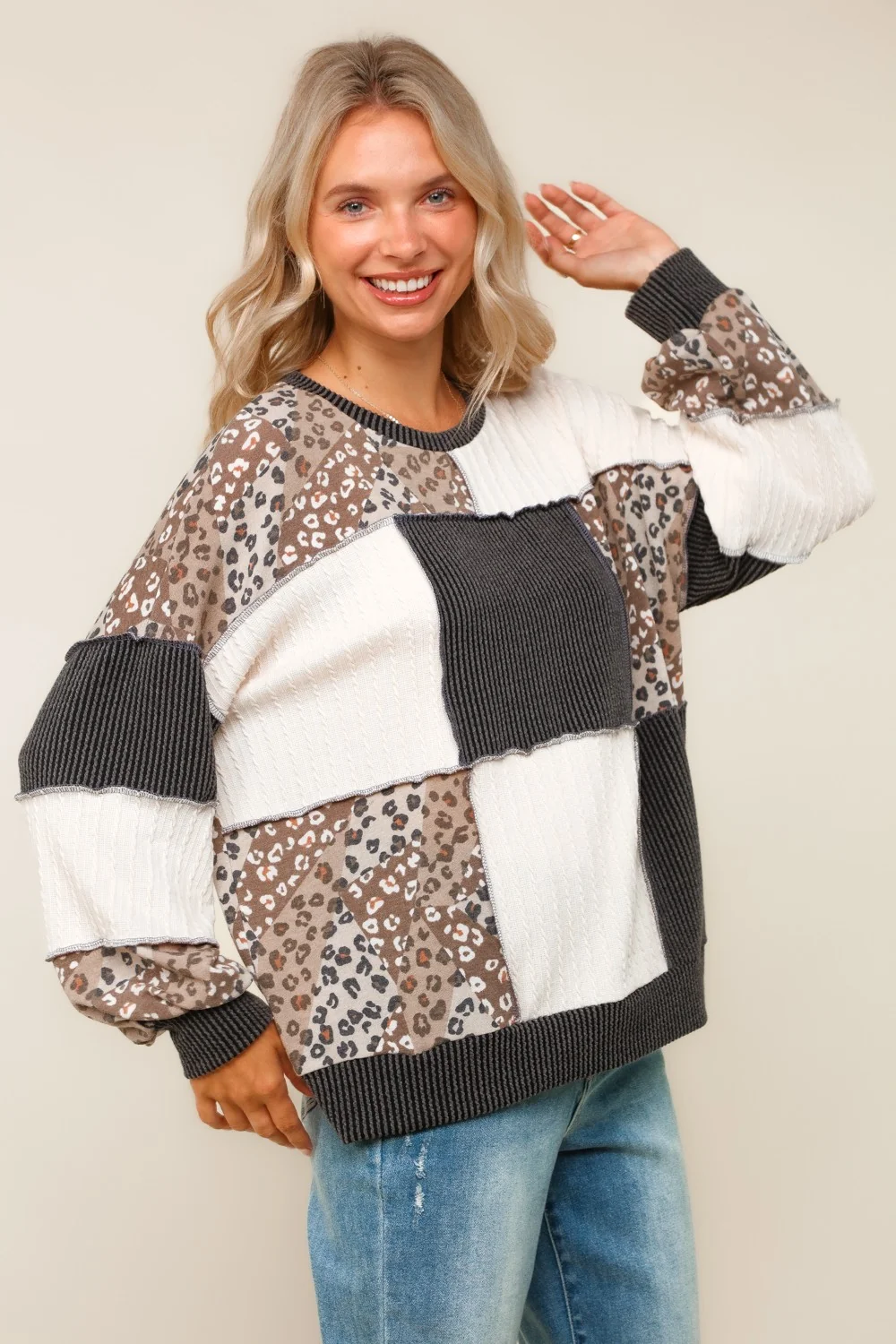 Charcoal Rib Cable Knit Leopard Pullover - Image 4