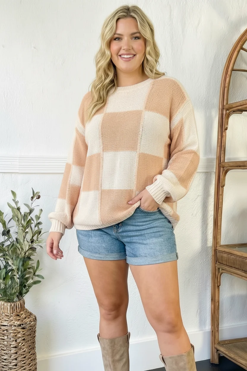 PLUS CHECKER PATTERN PULLOVER SWEATER KNIT TOP
