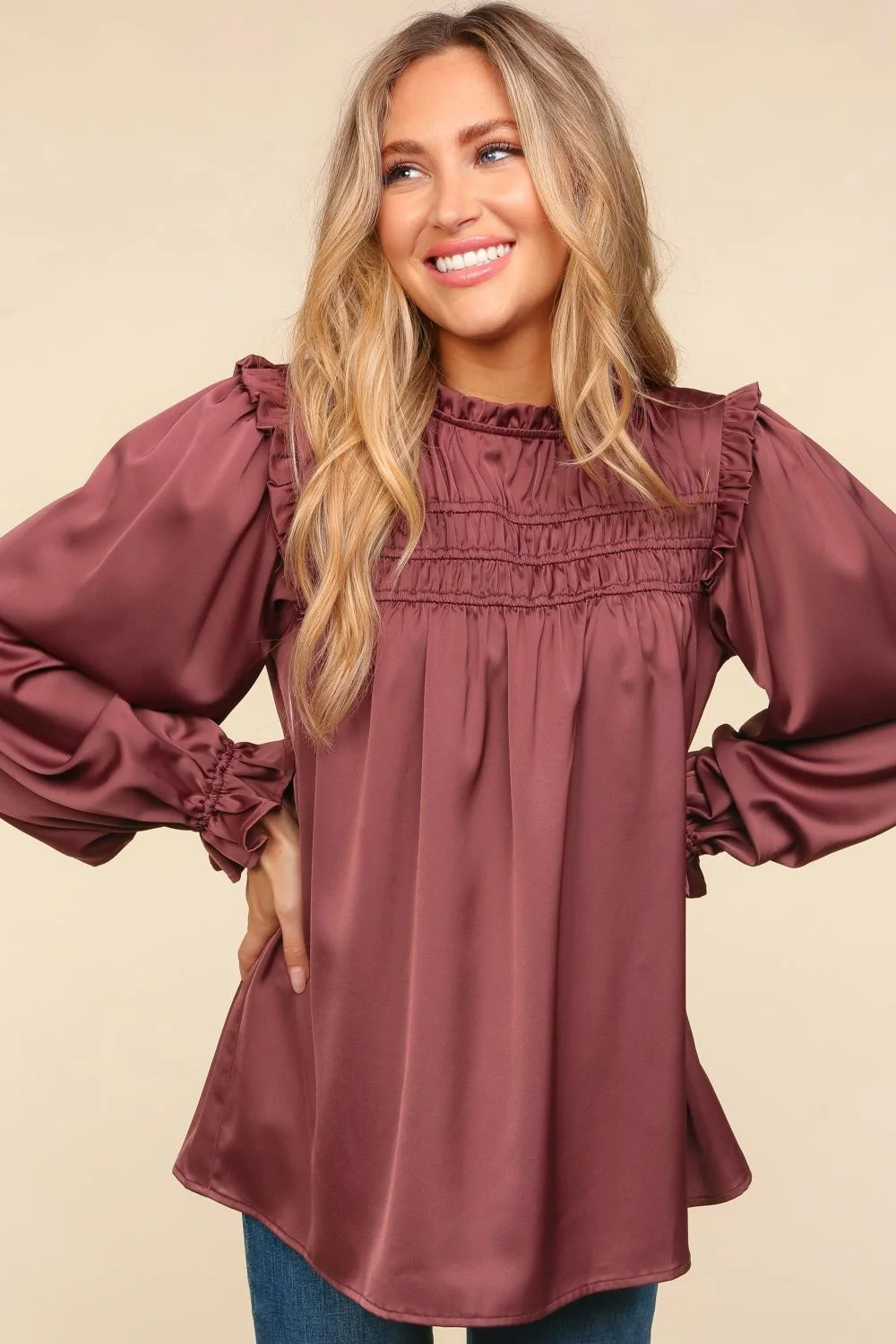 Chestnut Mock Neck Satin Woven Blouse Top - Image 2