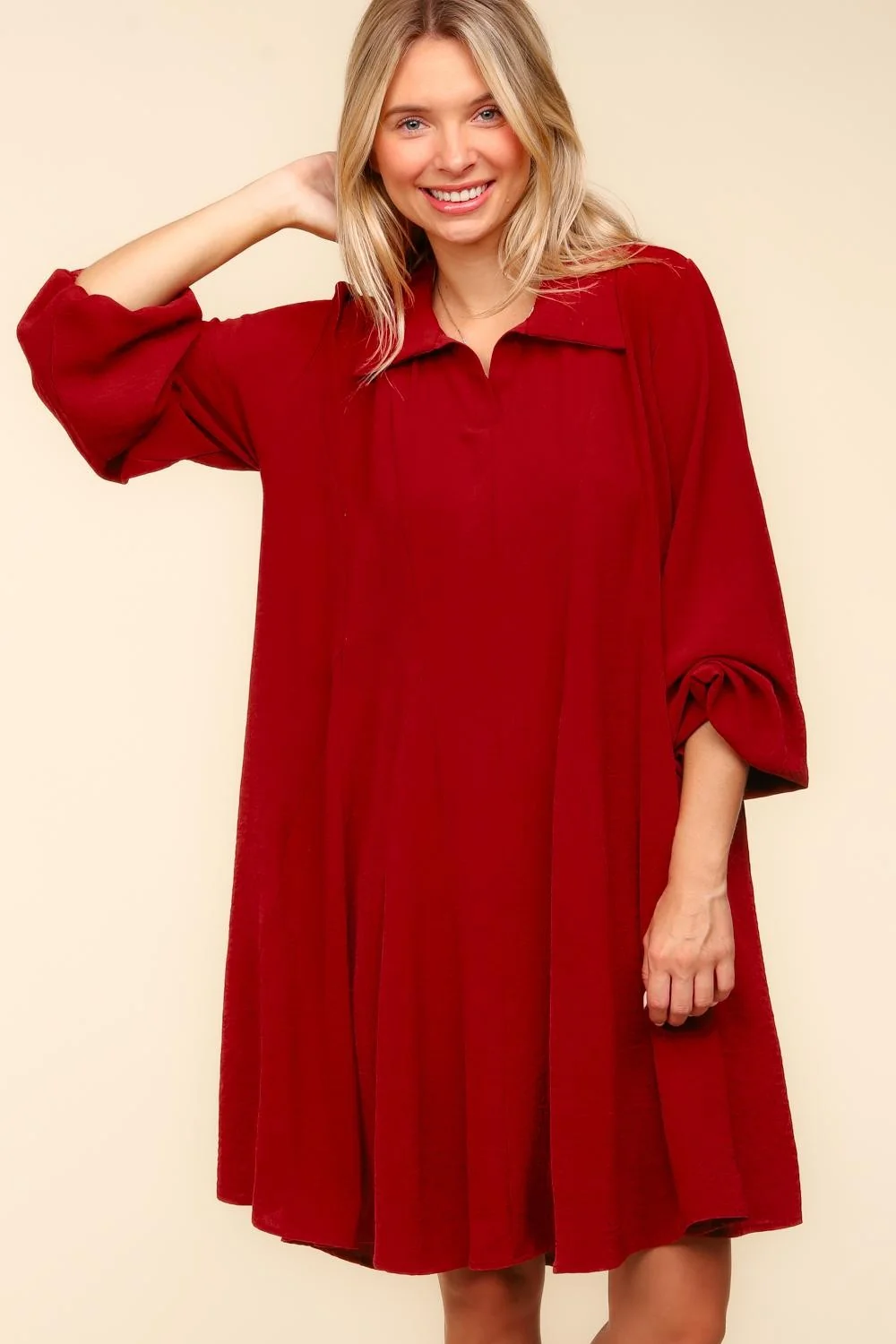 COLLAR NOTCH NECK WOVEN DRESS W/ SIDE POCKETS - Image 4