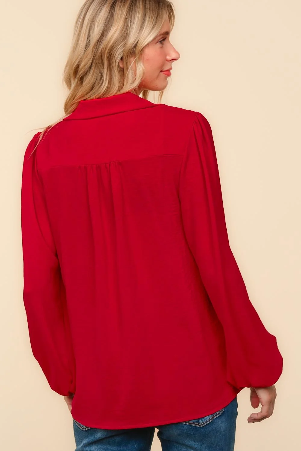 PLUS COLLARED NOTCH NECK RIBBON BOW WOVEN TOP - Image 4