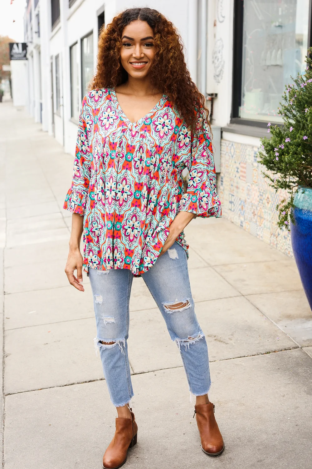 Coral & Aqua Floral Print Design Top - Image 3