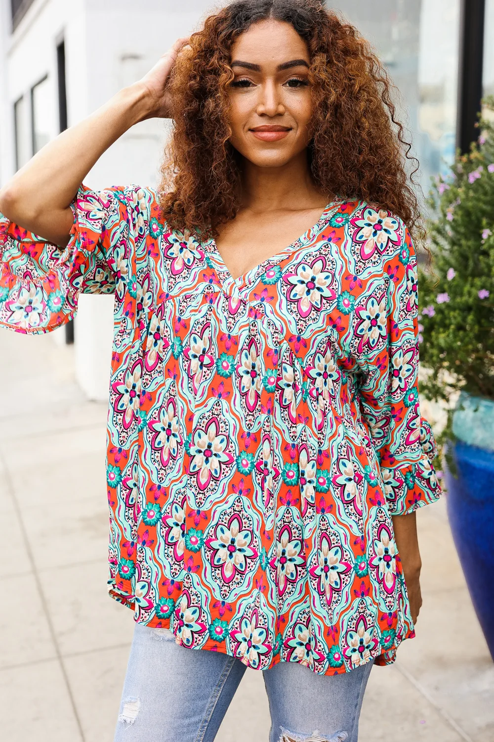 Coral & Aqua Floral Print Design Top